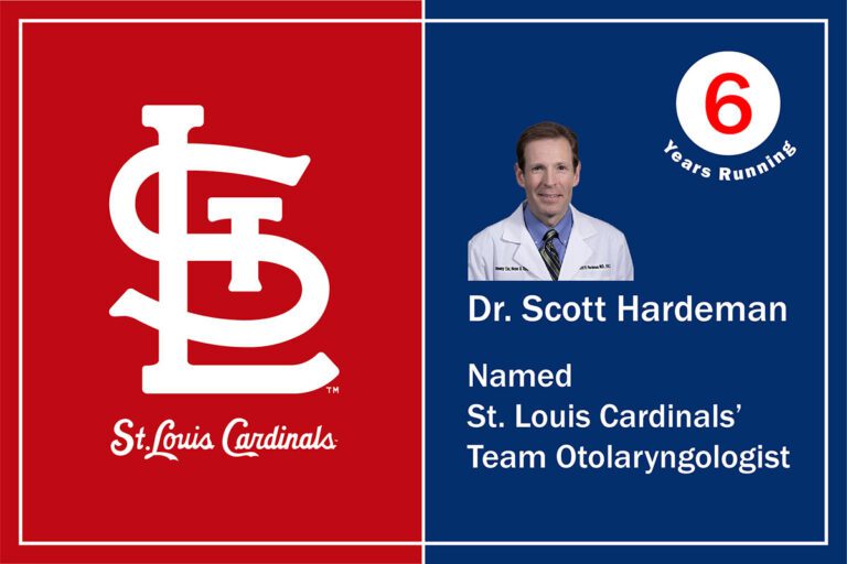 Press Release artwork with St. Louis Cardinals logo beside photo of Dr. Hardeman, named team Otolaryngologist for 6th year running.